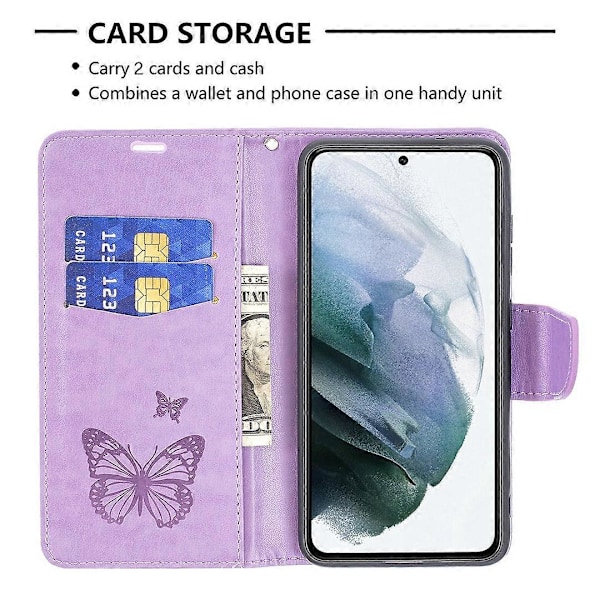 Imprint Butterfly -lompakkokotelo nahkaa jalustalla Samsung Galaxy S21 FE 5G:lle Multicolor Style F