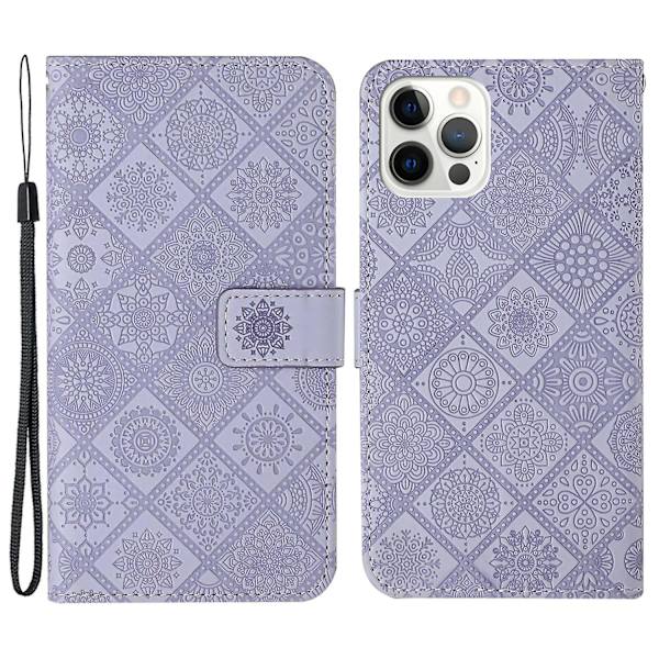 Læder Wallet Case til iPhone 15 Pro, Præget Blomster Folio Flip Stand Telefon Cover Purple