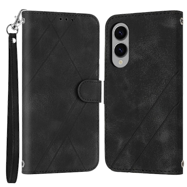 Til Samsung Galaxy S25 Edge Etui Præget Linje Læder Telefon Cover med Praktisk Rem Multicolor Black
