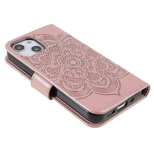 Präglad Mandala Blomma PU Läder Telefonställ Skydd Plånboksfodral med Rem för iPhone 13 6.1 tum Multicolor Style E