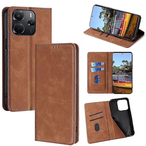 Fodral med korthållare i PU-läder med magnetisk stängning för Xiaomi Redmi Note 14 4G (164,84 mm) Multicolor Light Brown