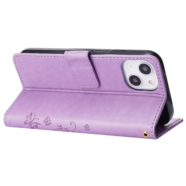 För Iphone 15 Plus Pu Läder Cover Phone case Imprinted Butterflies Shell Stand with rem Light Purple