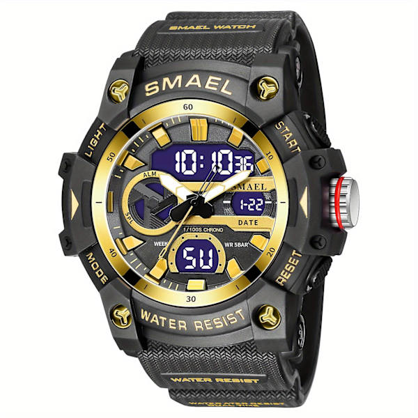 Smael Herre Mode Dual Time Display Quartz Armbåndsur, Transparent Sports Udendørs Vandtætte Digitale Ure Med PU Rem Black Golden