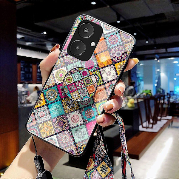 Til Xiaomi Redmi 13C 5G/13R 5G/Poco M6 5G Hærdet Glas Cover Blomstermønster Støtteben Cover Multicolor Checkered Pattern