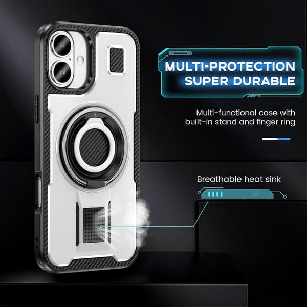 Til iPhone 16 Plus Cover TPU+PC Støtteben Telefon Cover med Silikone Fingerstrop - Grå Multicolor White