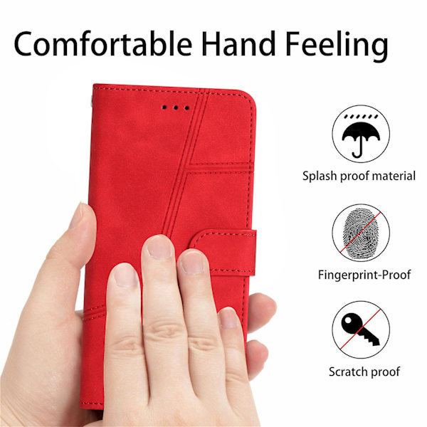 Retro PU læder wallet cover til Iphone 15 Pro - Hudvenlige linjer præget telefoncover med stativ Red