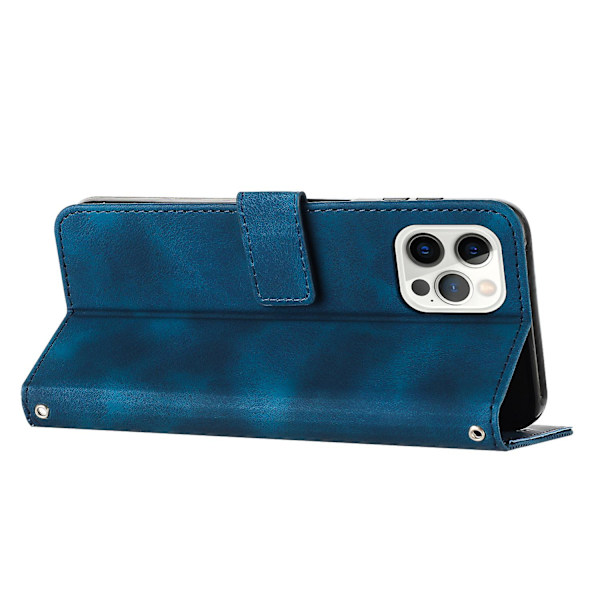 Triangelpräglat cover för Iphone 12 Pro Max 6,7" Läderplånboksställ Phone case med rem Sapphire