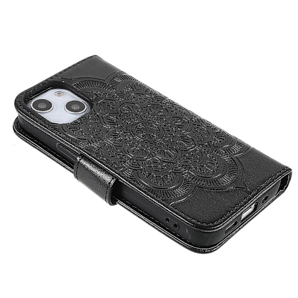 Präglad Mandala Blomma PU Läder Telefonställ Skydd Plånboksfodral med Rem för iPhone 13 6.1 tum Multicolor Style A