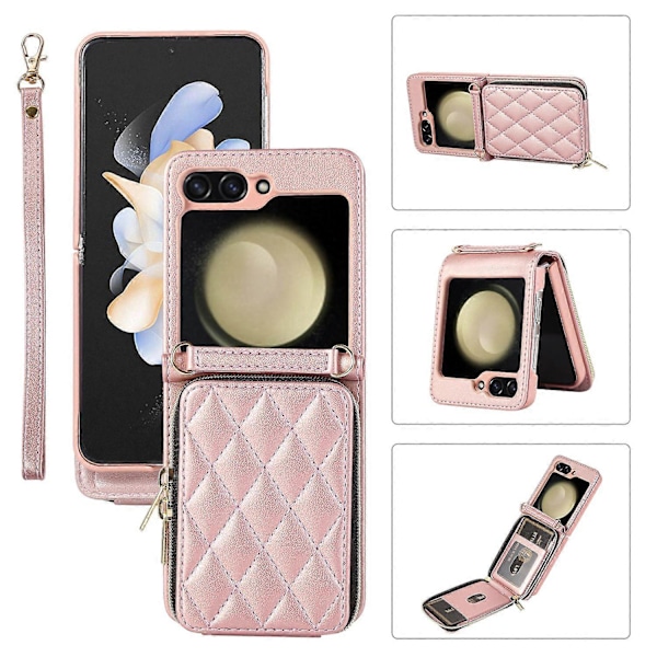 Til Samsung Galaxy Z Flip5 5G Etui Læder+PC Lynlås Telefon Cover med Håndledsrem Multicolor Style A
