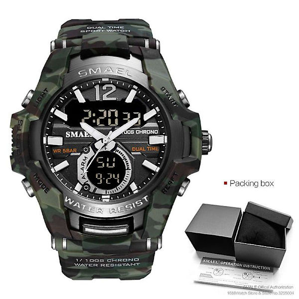 Smael Sport Digitala klockor För Män Army Kamouflage Simning Armbandsur Väckarklocka Kalender Led Bakgrundsbelysning Dual Time Watch 1805 Camo green-Box