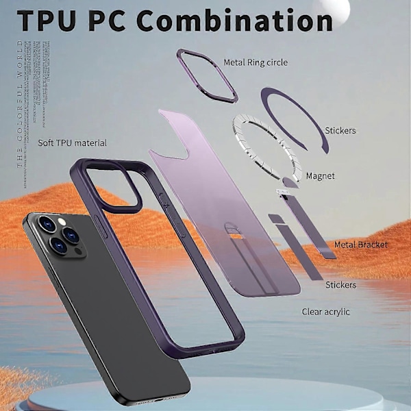 iPhone 15 Pro Max -kotelo, yhteensopiva MagSafe-jalustan kanssa, TPU + akryylipuhelinkuori Multicolor Dark Purple