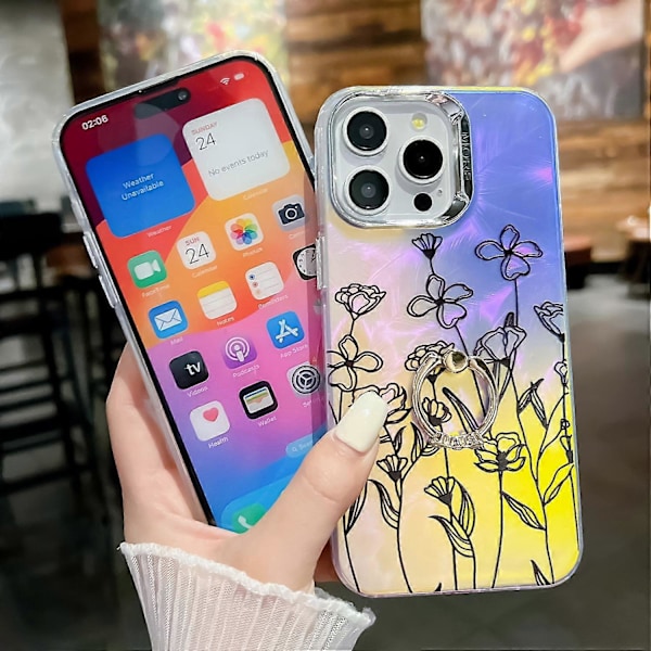 Blommig Lasertextur Skal för iPhone 15 Pro Max med Ringstativ Multicolor Style E