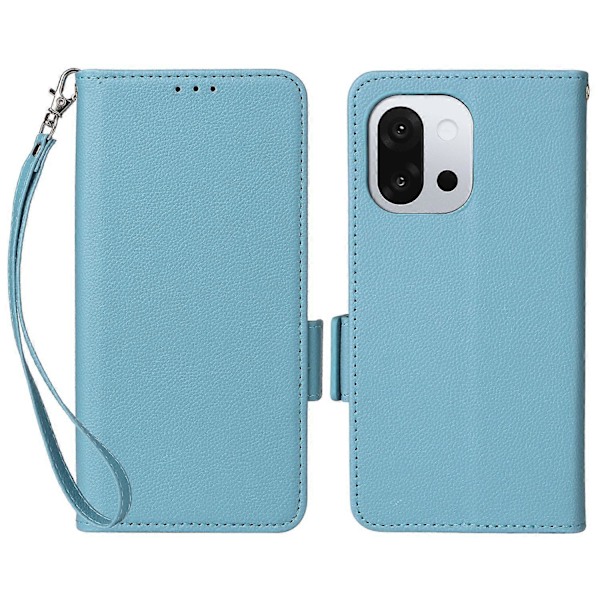Skal för OnePlus 13T 5G med handledsrem, litchi-textur PU-läder plånboksfodral Multicolor Baby Blue