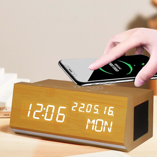 Multifunktionel Bluetooth-lyd, trådløs opladning, 2-i-1 vækkeur kreativ gave, LED elektronisk ur, træur C