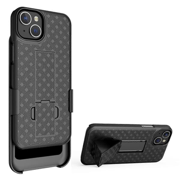 For iPhone 15 Plus Deksel PC+TPU Skyvbart Skjermdeksel Støtte Telefon Shell med Roterbar Klips