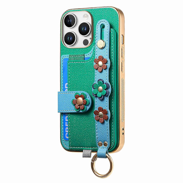 W2 iPhone 16 Pro -kotelo korttipidikkeellä, nahkainen takakansi, 3D-kukkarannerenkaalla - Multicolor Green