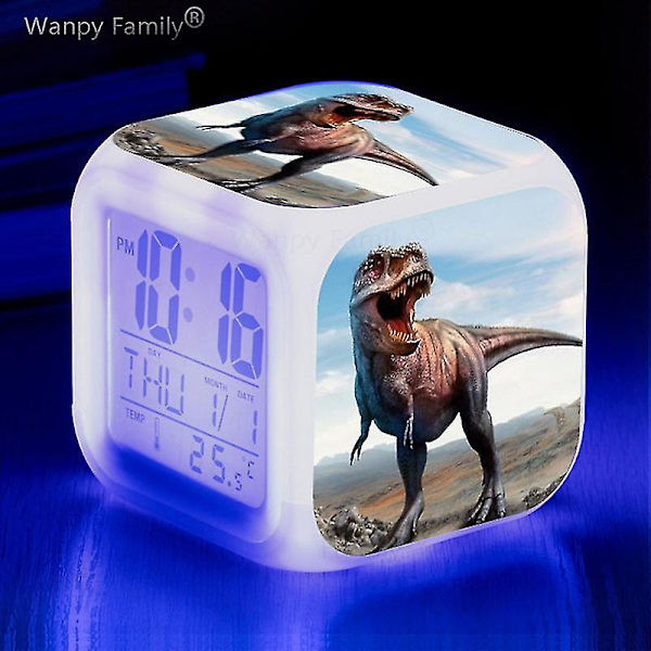 Tyrannosaurus Dinosaurie Väckarklocka 7 färgbyte Multifunktions väckningstimer Barnrum Lysande elektronisk watch Present till barn Sky blue