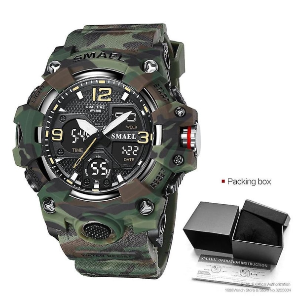 Smael Dual Time Watch För män Mode Vattentät Quart Digital Armbandsur Väckarklocka Led Bakgrundsbelysning Kalenderklockor 8008 Camo Green-Box