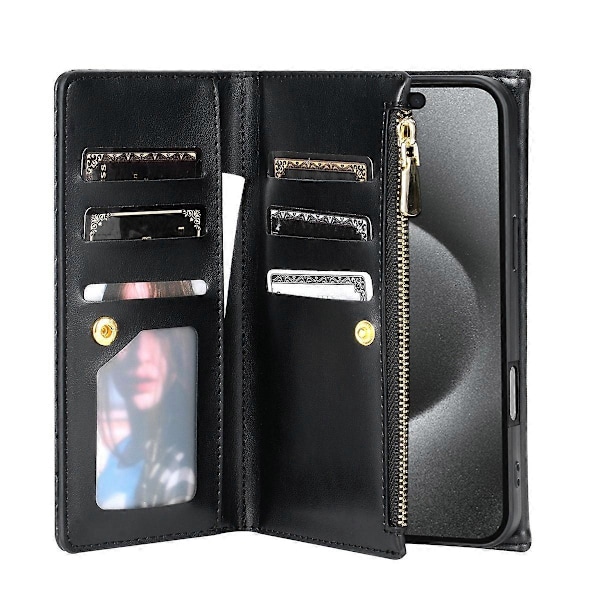 BKS-002 Plånboksfodral för iPhone 16 PU Läder Ställ Telefonskal med Axelrem- Multicolor Black