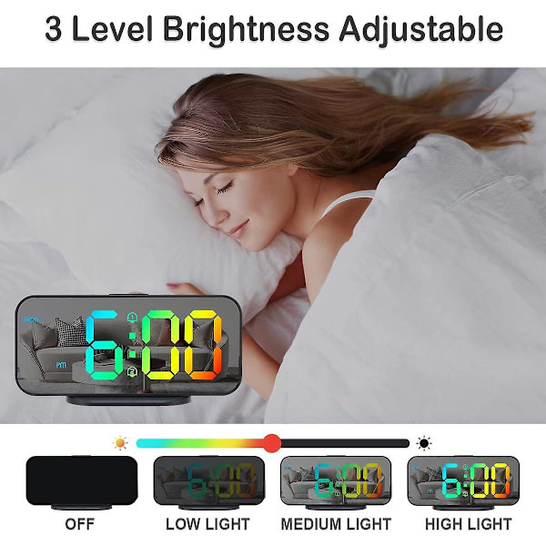 Digitalt Vækkeur med Dobbelte Alarmer, Spejl LED Vækkeure til Børneværelset, Justerbart Multicolor