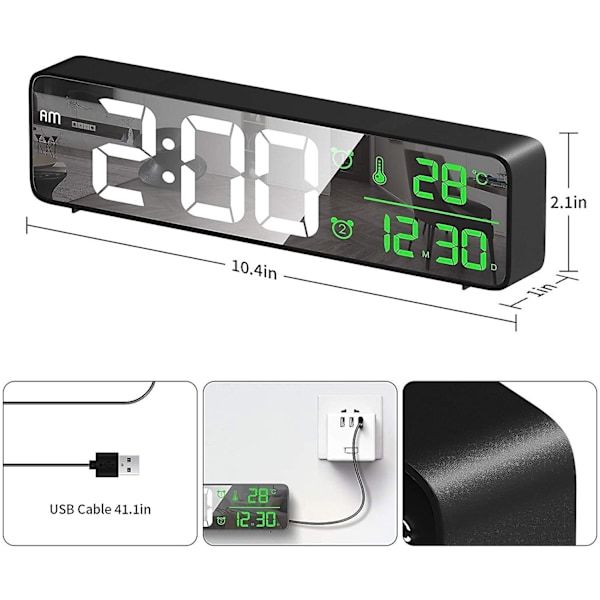 Digital väckarklocka, LED digital klocka Spegelväckarklocka med 42 ljud, temperatur och datum, ljusstyrkajusterad LED-väggklocka på stor skärm, svart