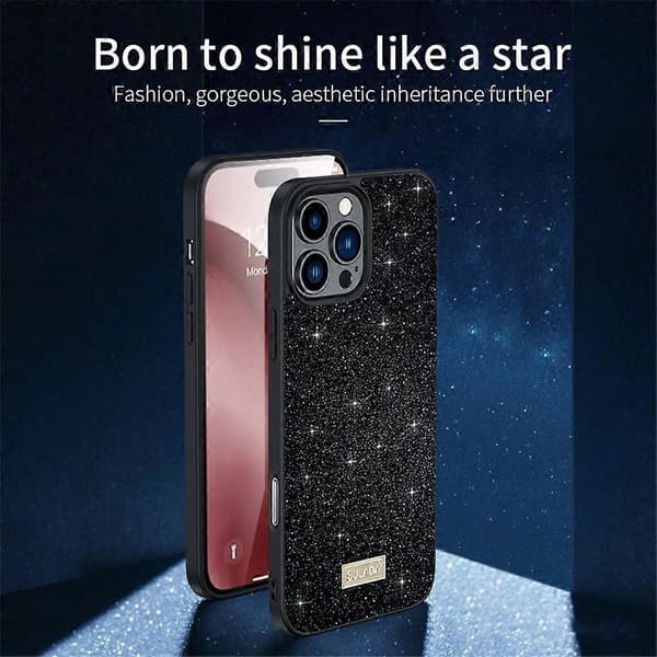SULADA Deksel til iPhone 16 Pro PU Lær+PC+TPU Glitter Paljetter Bakside Deksel- Multicolor Black