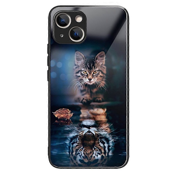 Telefoncover til iPhone 15 med mønsterdesign, ridsefast bagside af hærdet glas Multicolor Cat and Tiger