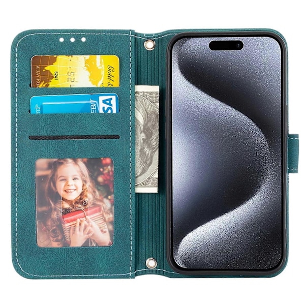 För iPhone 15 Plus Skal Präglat PU Läder Plånbok Anti-fall Telefonskydd med Rem Multicolor Style E