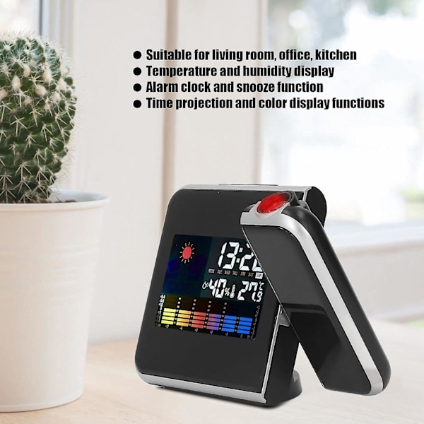 Projektionsväckarklocka med väderstation Projektorklocka med temperaturfuktighet med display LED-bakgrundsbelysning för sovrum (svart)