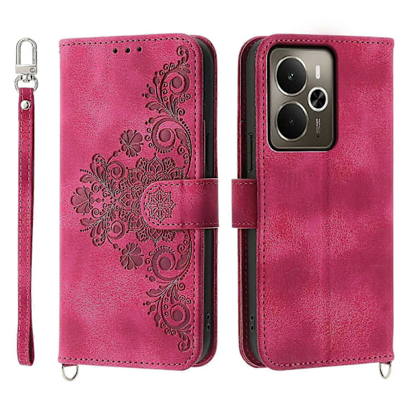 Fodral för Realme 14 5G, blommönster PU-läder plånboksfodral med rem Multicolor Wine Red
