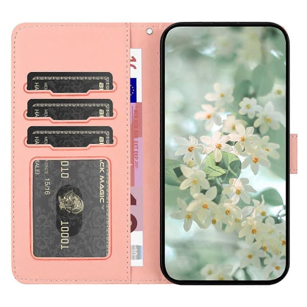 Blomsterpreget lommebokdeksel i skinn med flip-funksjon og håndleddsstropp til iPhone 16 Plus Multicolor Style B