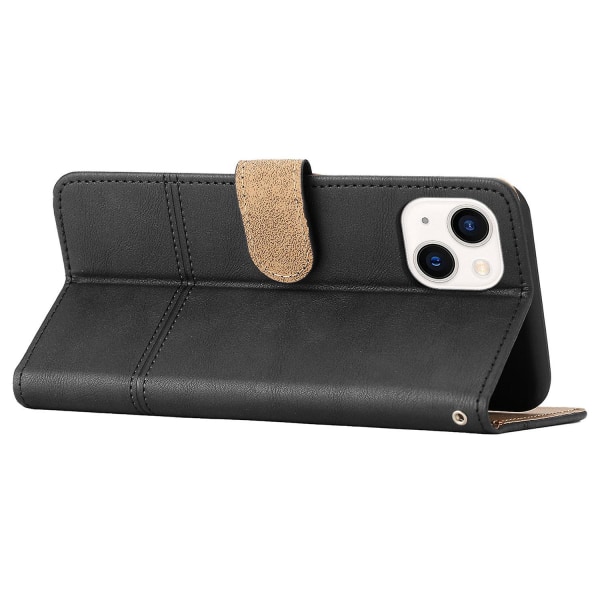 Læder Wallet Case til iPhone 15, Linje Præget Ko Læder Tekstur Stand Telefon Cover Black