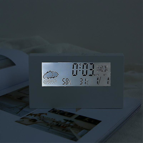 LCD Digital Vækkeur Smart Natlys Vækkeur Tid Dato Temp Fugtighedsdisplay Sengelampe Batteridrevet Ur (1 stk, Hvid)