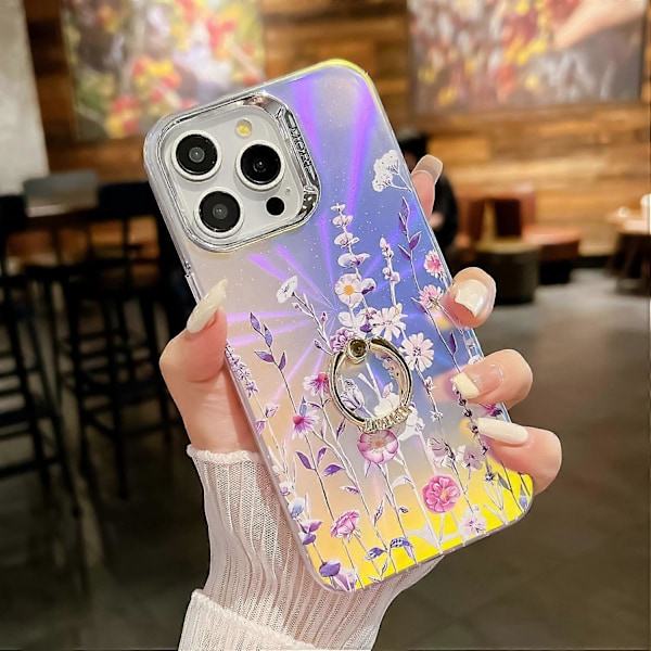 Blommig Lasertextur Skal för iPhone 15 Pro Max med Ringstativ Multicolor Style A