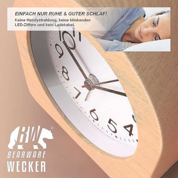 Analog Vækkeur Uden Tikken - Halvcirkelformet - Lyst Træ - Retro Design - Lydløs - Rejsevækkeur - Snooze Funktion