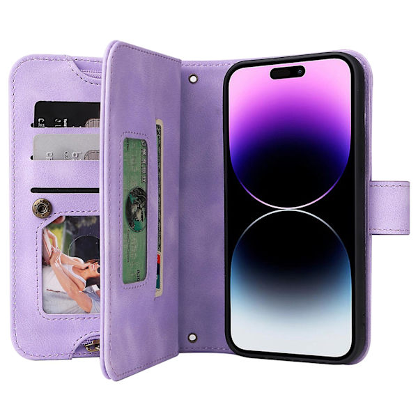 För Iphone 14 Pro Max Anti-dropp phone case Stativ Blixtlåsficka Läder Cover med remmar Purple