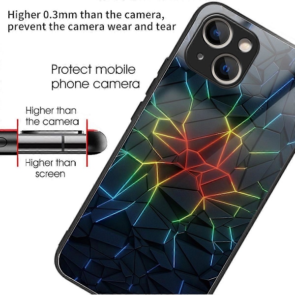iPhone 15 puhelinkuori, kuvioitu, naarmuuntumaton, karkaistu lasinen takakansi Multicolor Geometry