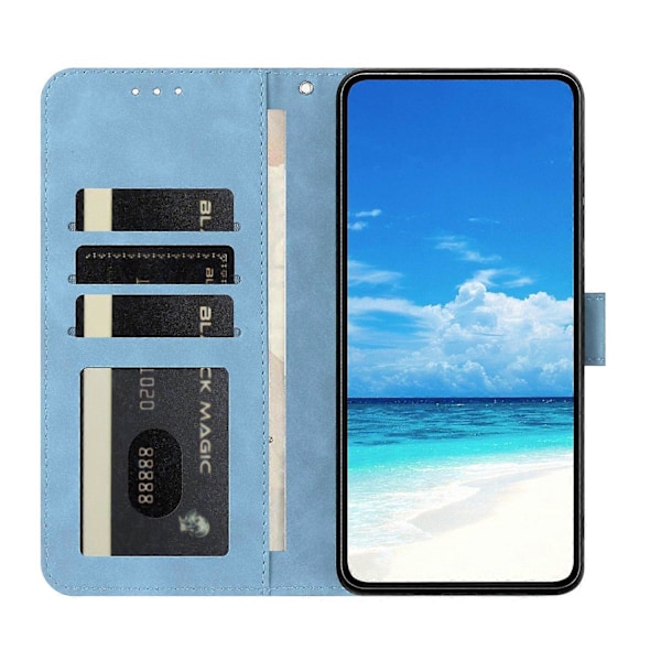 Til Samsung Galaxy M16 5G/ F16 5G Etui Sommerfugl Blomst Præget PU Læder Wallet Stand Telefon Cover Multicolor Sky Blue