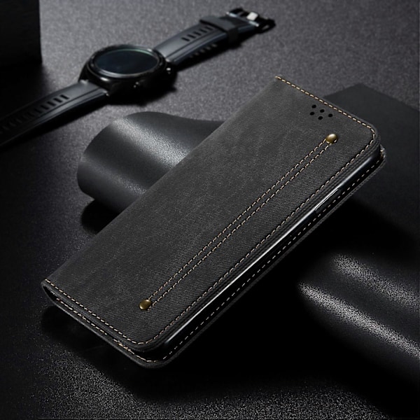 Samsung Galaxy M14 Puhelinkotelo Farkkukangas Tekstuurilla Jalustalla Käännettävä PU Nahkalompakko Multicolor Style A