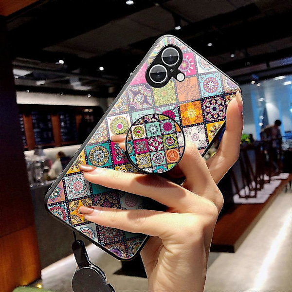 Skal till iPhone 16 Plus med Stöd Etniskt Mönster Härdat Glas Telefonskydd med Rem Multicolor Checkered Pattern