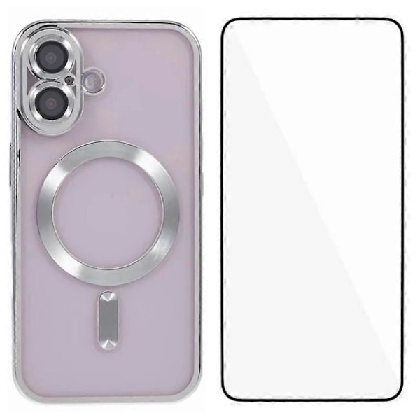 Magnetiskt skal för iPhone 16 Plus WANLONFENG Fullständigt skydd Elektropläterat TPU-skal med härdat gl Multicolor Silver