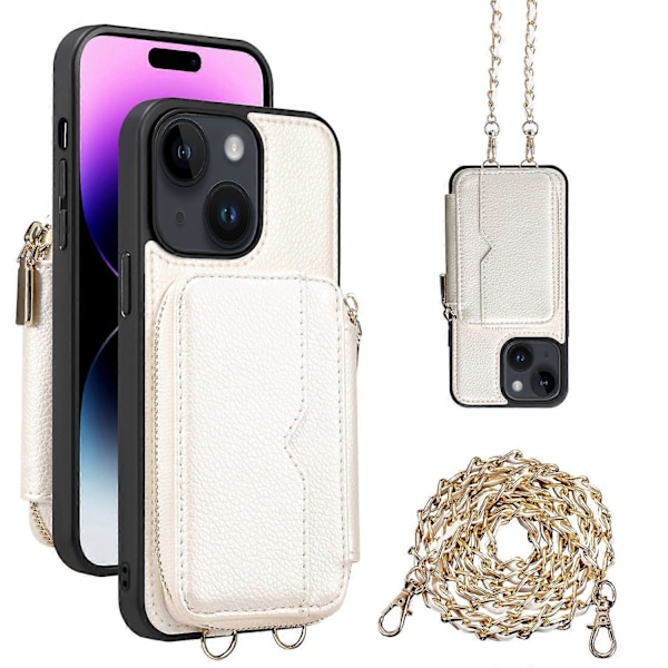 iPhone 15 Plus -puhelimelle jalustallinen vetoketjullinen lompakkotakakansi PU-nahkaa + TPU-puhelinkotelo ketjulla Multicolor Style A