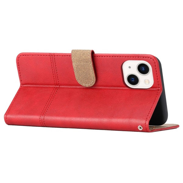 Læder Wallet Case til iPhone 15, Linje Præget Ko Læder Tekstur Stand Telefon Cover Red