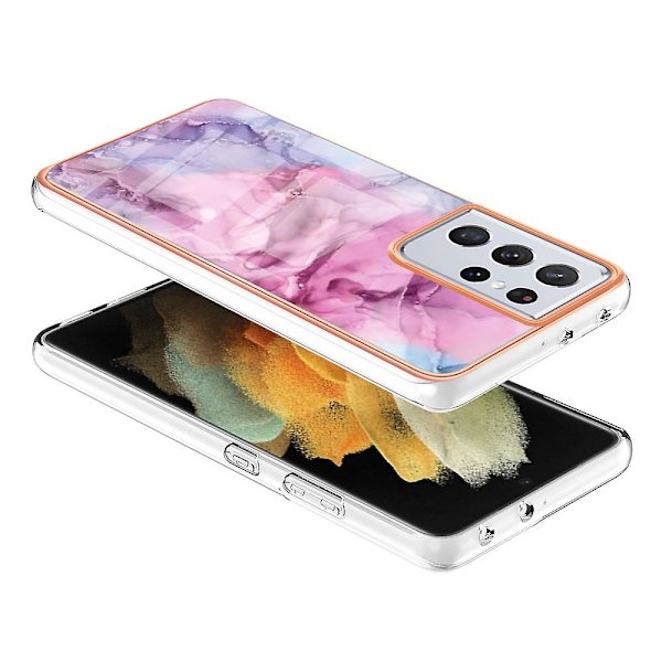Skyddande phone case för Samsung Galaxy S21 Ultra 5g Yb Imd Series-16 Style E 2.0mm Imd Marmormönster Galvaniseringsram Tpu cover Rose