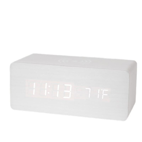 Trä Digital Väckarklocka Fm Radio,10w Snabb Trådlös Laddningsstation För Iphone/Samsung Galaxy,5 Level Dimmer, USB Laddningsport,2 Wake Up Sounds,bedr White