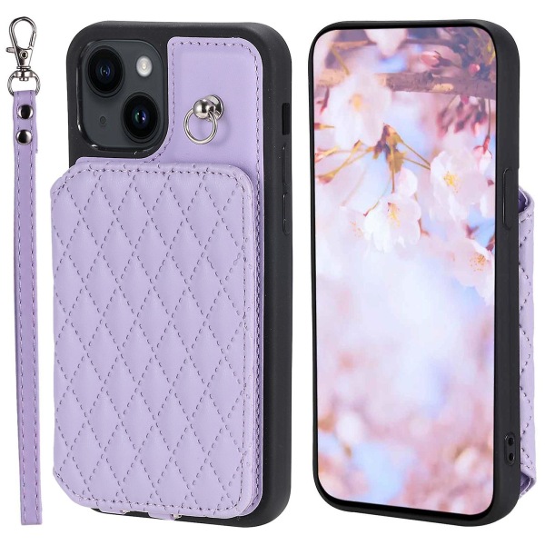 Phone case för Iphone 15 Rfid-blockerande korthållare Pu-läderbelagd TPU-skal med handledsrem Purple