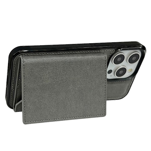 iPhone 16 Pro -kotelo korttitaskulla, jalustalla, TPU+PU-puhelinkuori- Multicolor Grey