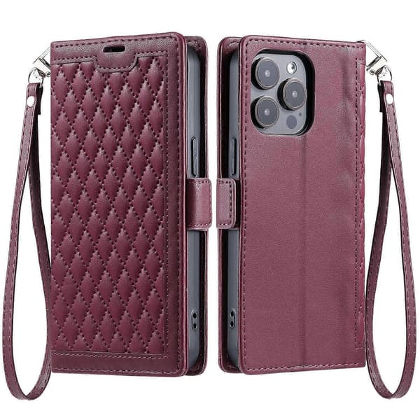 Läderfodral med rombmönster, plånboksställ och handledsrem för iPhone 15 Pro Multicolor Wine Red