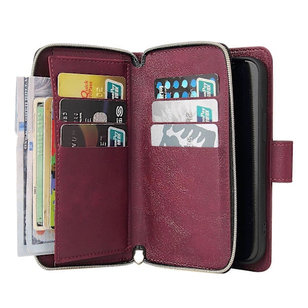 Til iPhone 15 Plus Mobiltelefon Stand Cover Lynlåslomme Etui 9 Kortpladser PU Læderpung Multicolor Wine Red