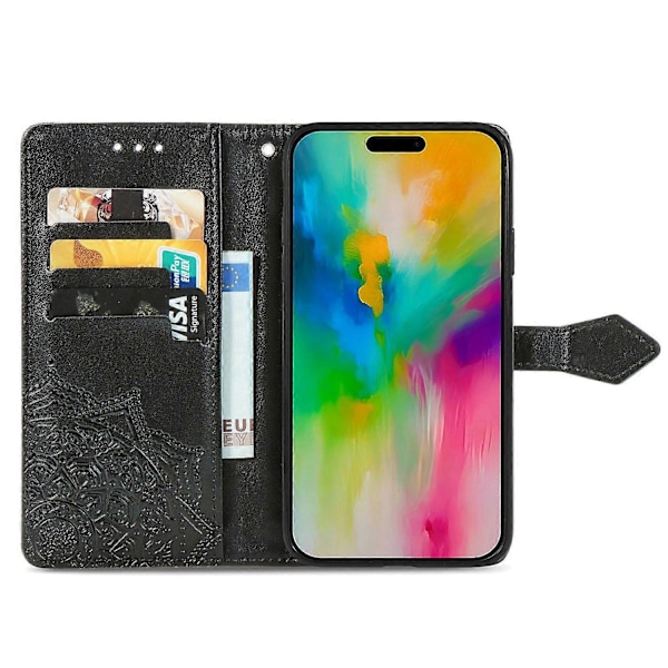 Til iPhone 16 Pro Max Wallet Case Mandala Blomst Læder Telefon Cover Stativ View-Grøn Multicolor Black